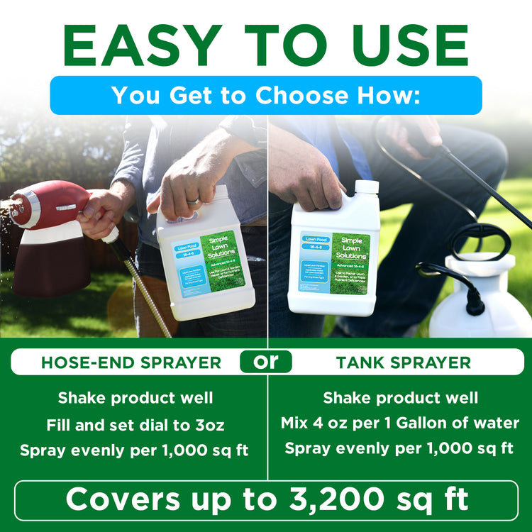 Promotional graphic for a Simple Lawn Solution herbicide bottle, showing two ways to use it: hose-end sprayer and tank sprayer. The image features a split-screen demonstration with a person in a grassy yard, text explaining usage, and coverage details up to 3,200 sq ft.