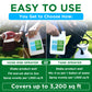 Promotional graphic for a Simple Lawn Solution herbicide bottle, showing two ways to use it: hose-end sprayer and tank sprayer. The image features a split-screen demonstration with a person in a grassy yard, text explaining usage, and coverage details up to 3,200 sq ft.