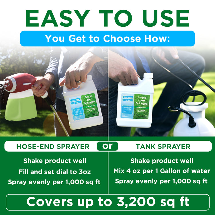 An informational product graphic for a Simple Lawn Solution herbicide spray bottle, showing two ways to use it: hose-end sprayer and tank sprayer. The image features a split-screen demonstration with a person&