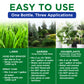 Instructional graphic for a liquid plant fertilizer spray bottle, showing three green panels with text instructions for Lawn, Garden, and Houseplants, alongside three corresponding photo backgrounds of grass, a garden, and potted plants.