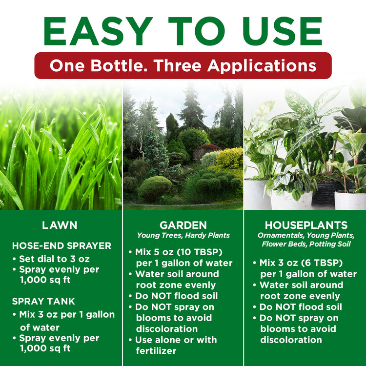 An informational product graphic for a garden sprayer bottle with three green panels showing lawn, garden, and houseplants, plus text explaining one bottle for three applications and usage directions.