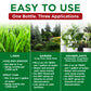 An informational product graphic for a garden sprayer bottle with three green panels showing lawn, garden, and houseplants, plus text explaining one bottle for three applications and usage directions.