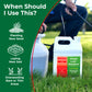 A lawn care product scene with a person holding a sprayer hose next to a white jug of Simple Lawn Solutions Lawn Booster on grass. A large green panel on the left reads &
