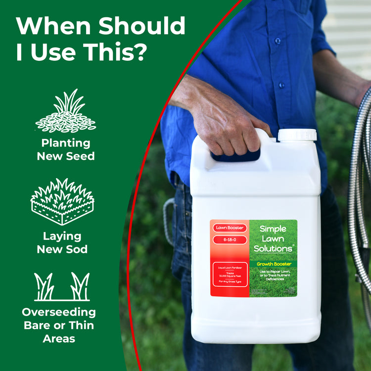 A person in a blue shirt holds a white plastic jug of Simple Lawn Solutions Growth Booster. The left side has a green informational panel with the headline &