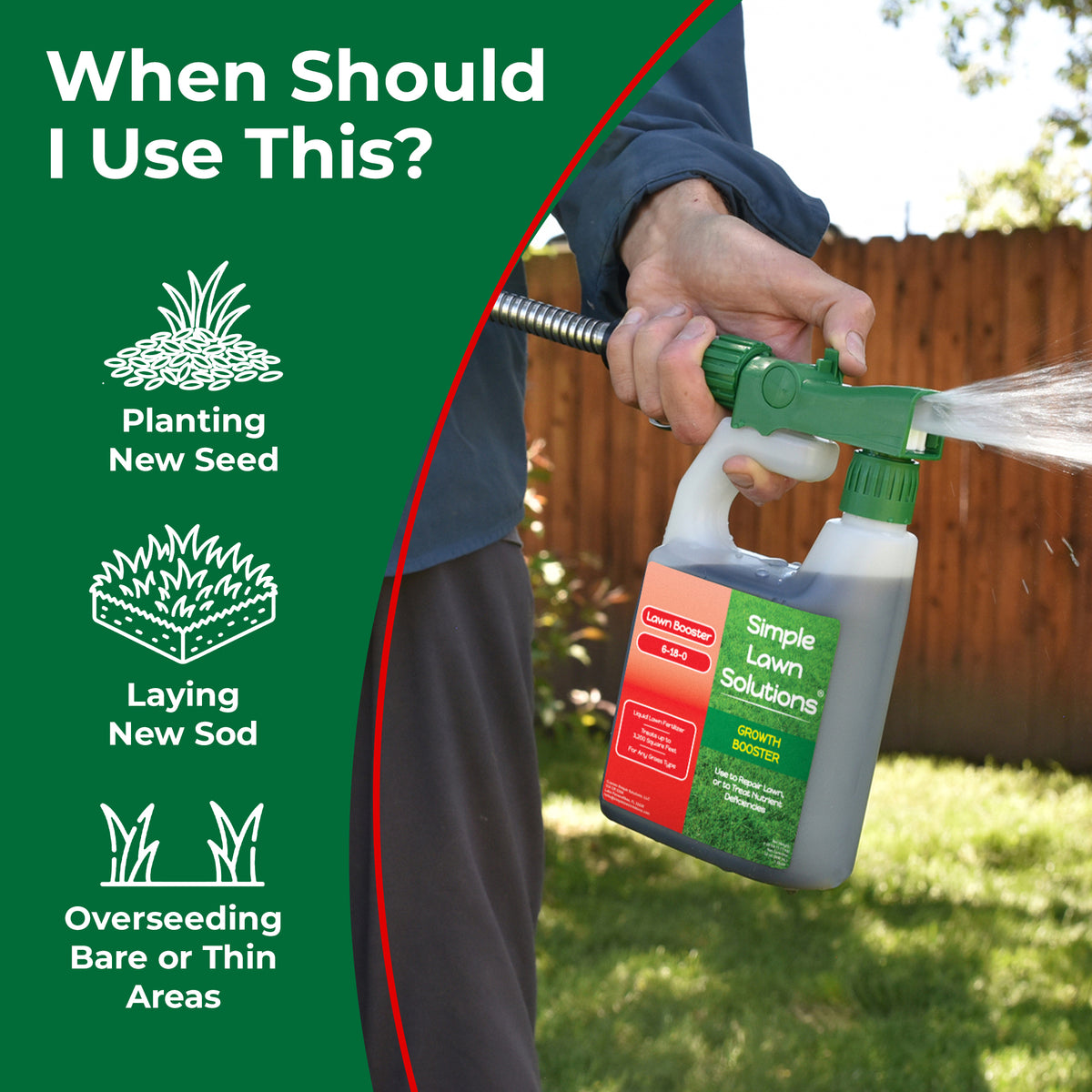 A person outdoors in a backyard holds a green and white spray nozzle attachment connected to a hose, spraying grass. A large green panel on the left reads &