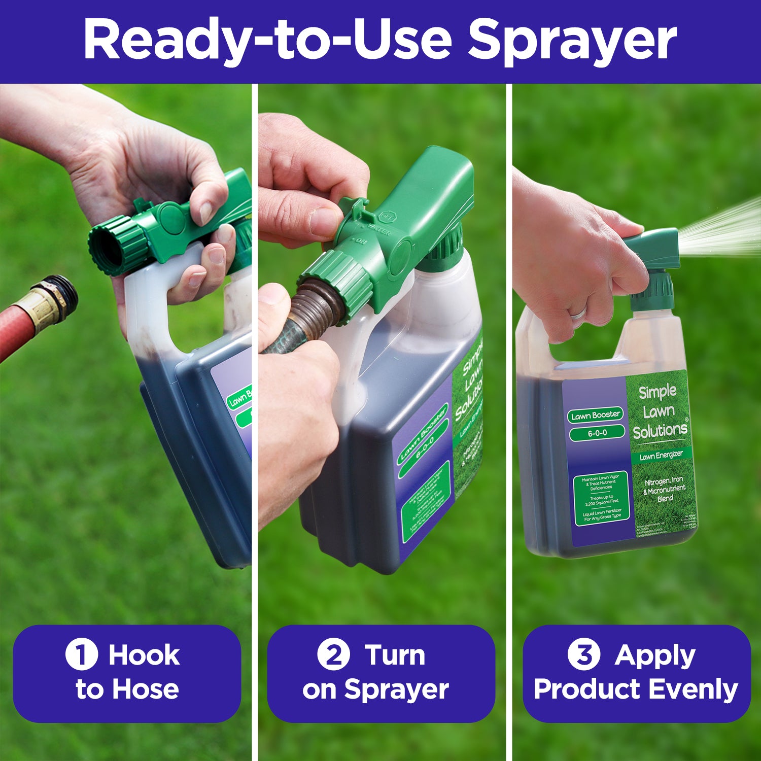 3 panel image displaying a person hooking up the hose-end fertilizer to hose, turning the sprayer on, and applying the liquid ready-to-use fertilizer