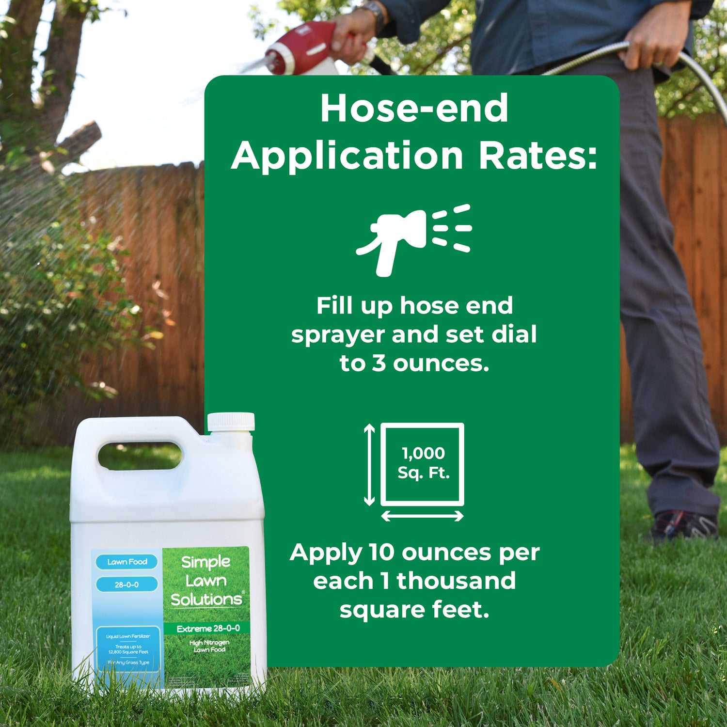 Liquid lawn fertilizer with nitrogen applied via hose-end sprayer