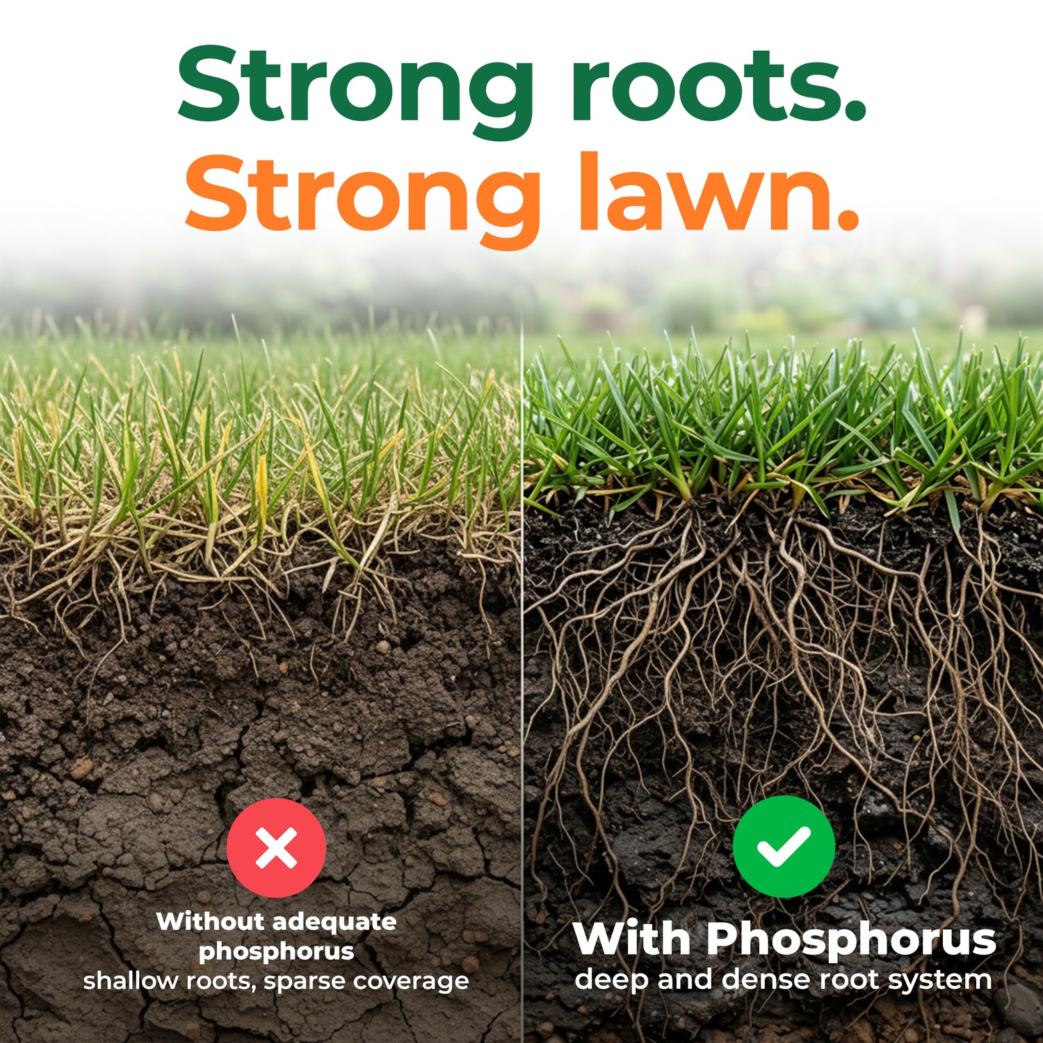 A split comparison graphic for lawn health showing grass cross-sections with soil. The left side has dry, sparse roots and cracked soil with text reading &