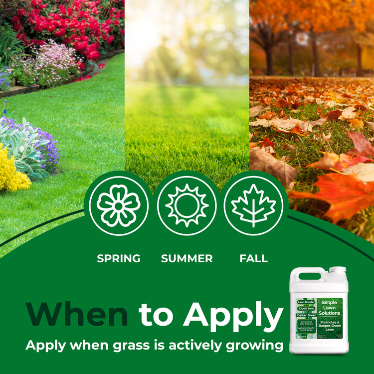 A promotional graphic for a lawn care product showing three vertical garden scenes labeled Spring, Summer, and Fall, with green grass imagery and a white bottle of Simple Lawn Solutions lawn treatment in the lower right. Large text reads &