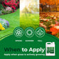 A promotional graphic for a lawn care product showing three vertical garden scenes labeled Spring, Summer, and Fall, with green grass imagery and a white bottle of Simple Lawn Solutions lawn treatment in the lower right. Large text reads &