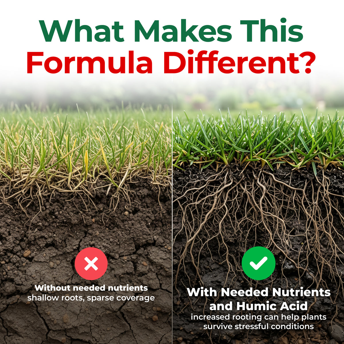 A promotional comparison graphic for a lawn care formula. The top text reads &