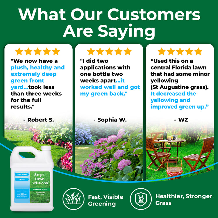 Promotional graphic for Simple Lawn Solution fertilizer, featuring customer testimonials with star ratings, a bottle of the product, and lawn imagery on a green background.