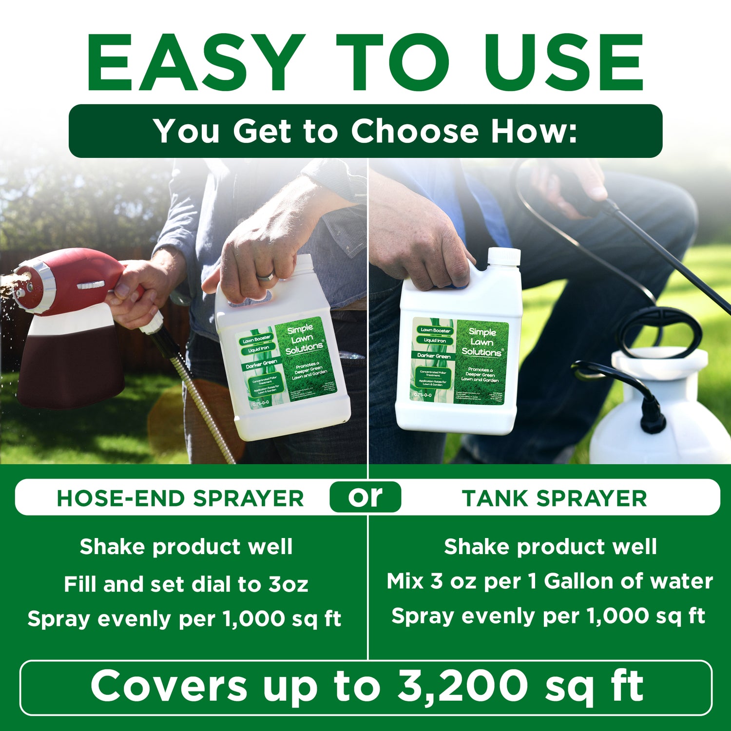 Promotional graphic for a spray solution showing two ways to use it: hose-end sprayer and tank sprayer. The image features a split-screen demonstration with a person&