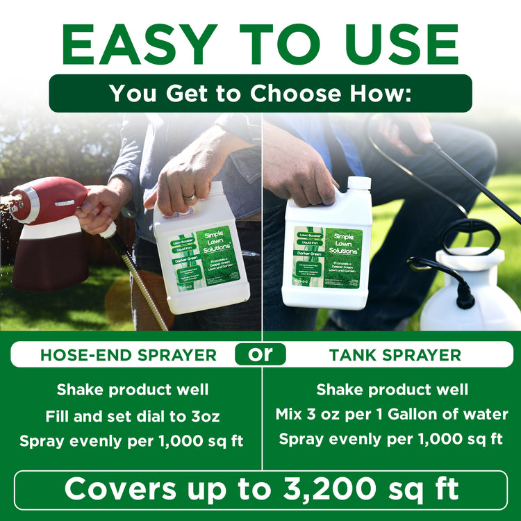 Promotional graphic for a spray solution showing two ways to use it: hose-end sprayer and tank sprayer. The image features a split-screen demonstration with a person&