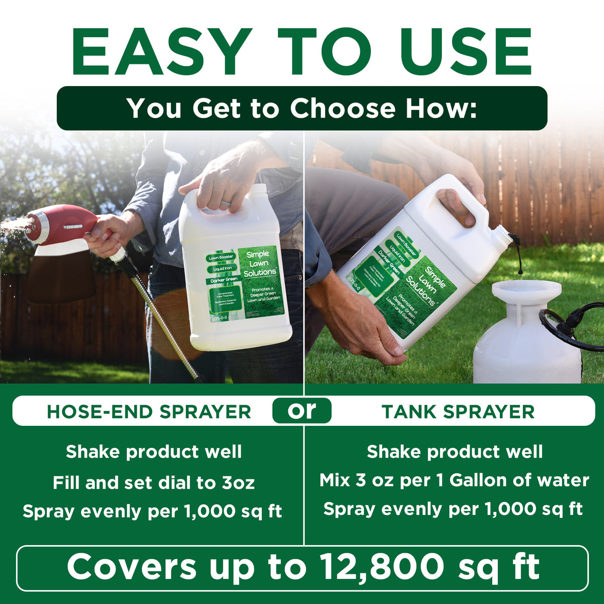 Promotional graphic for a garden spray product showing two ways to use it: hose-end sprayer and tank sprayer. The image features a split-screen demonstration with a person&