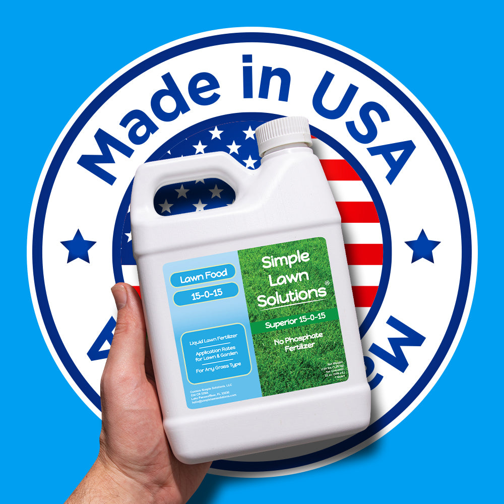Liquid fertilizer by Simple Lawn Solutions in front of a made in america banner