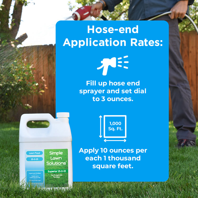 1 gallon of 15-0-15 nitrogen and potassium fertilizer on a dark green lawn displaying hose-end application rates