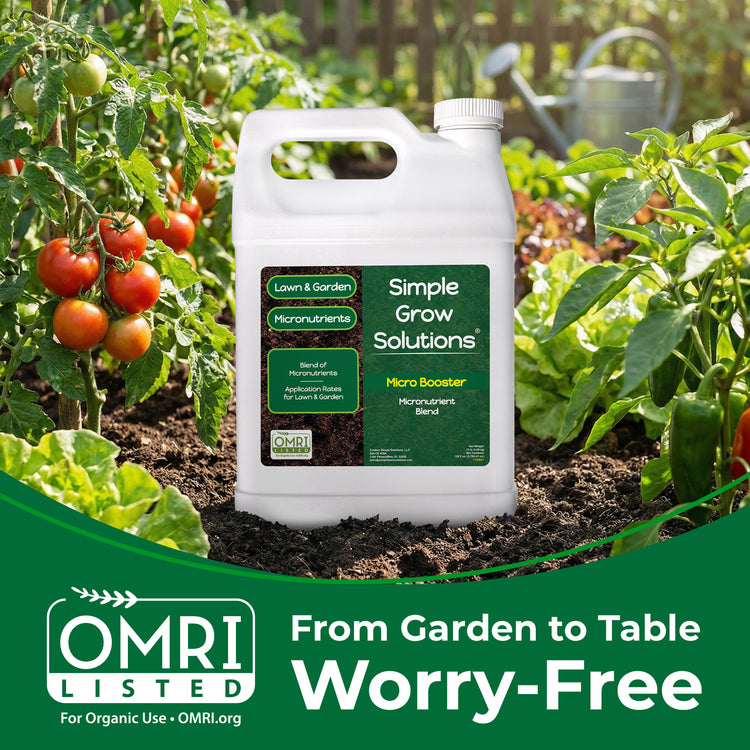 Micro Booster in garden with OMRI listed badge