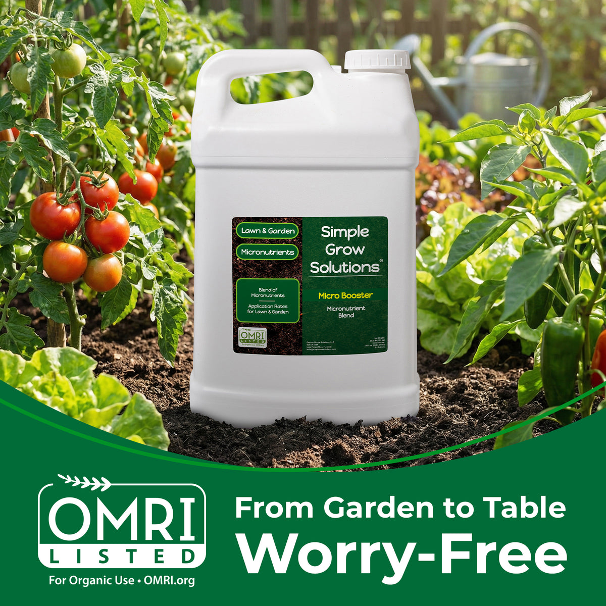 Micro Booster in front of garden with OMRI listed badge
