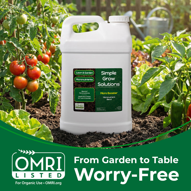 Micro Booster in front of garden with OMRI listed badge
