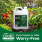 Micro Booster in front of a tomato and pepper garden with the OMRI Listed badge and text "From garden to table worry free"