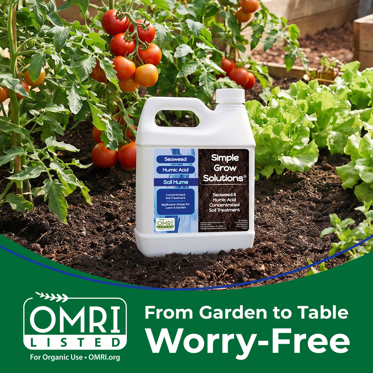 A white plastic bottle of Simple Grow Solutions Tomato Deficiency Humate and 8-Hour Soil Humus fertilizer placed on dark garden soil among tomato plants and green lettuce. A green banner at the bottom reads &