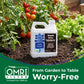 A white plastic bottle of Simple Grow Solutions Tomato Deficiency Humate and 8-Hour Soil Humus fertilizer placed on dark garden soil among tomato plants and green lettuce. A green banner at the bottom reads &