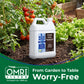 A white plastic jug of Simple Grow Solutions Tomato Feed fertilizer placed in a garden bed with tomato plants and lettuce, with an OMRI Listed badge and the text &