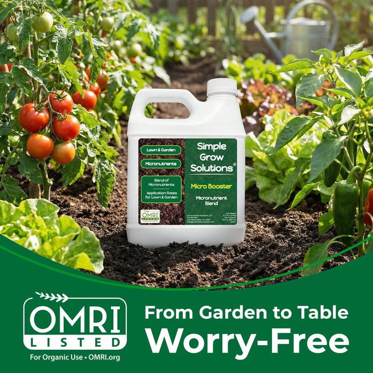 Micro booster by simple grow solutions in front of a garden scene with OMRI listed badge