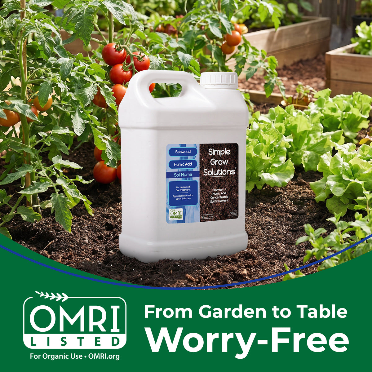 Soil Hume displayed in a vegetable garden with text indicating that Soil Hume is OMRI Listed for organic use.