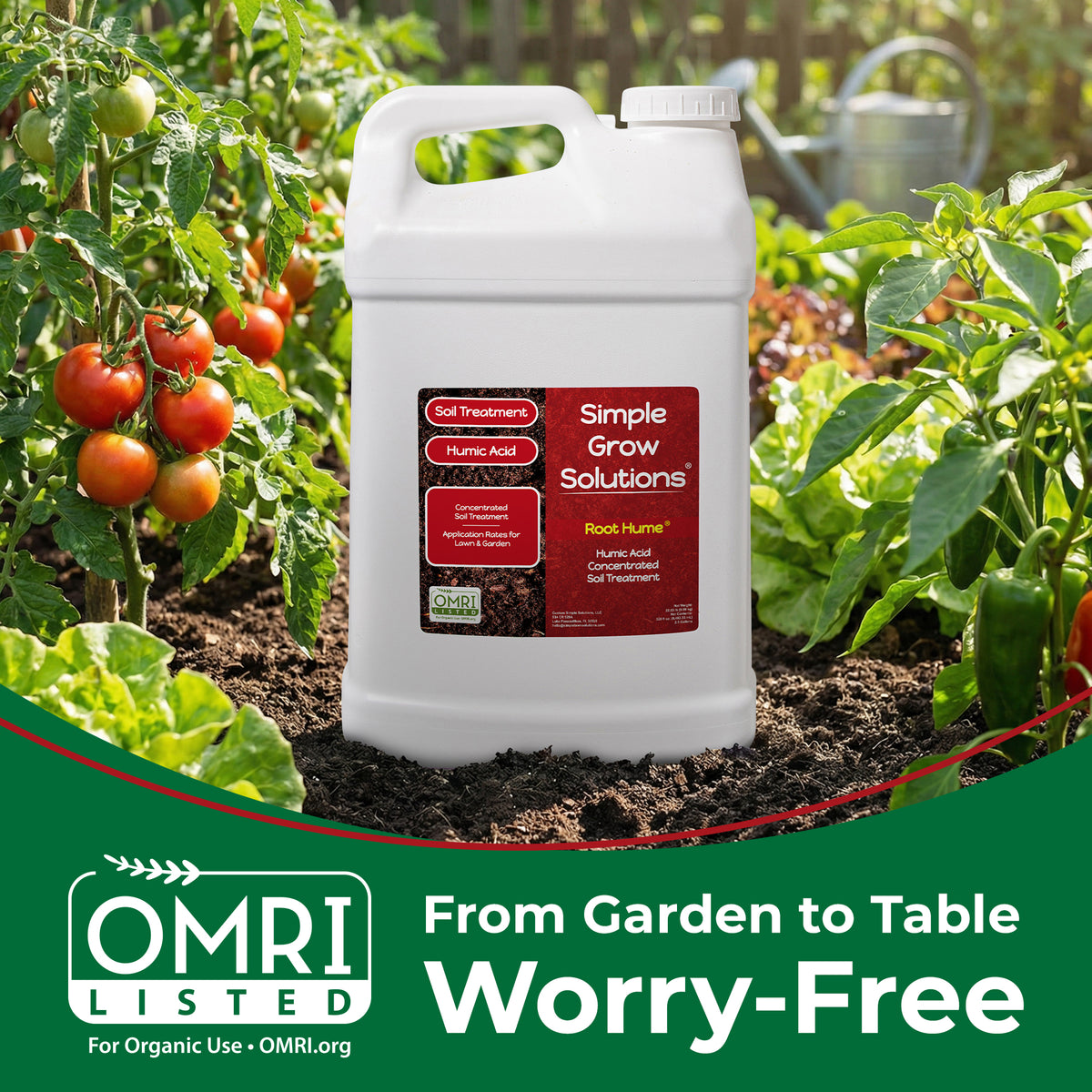 A large white plastic jug of Simple Grow Solutions Root-Humus liquid fertilizer stands in a garden bed with tomato plants, basil, and soil. A green banner at the bottom reads &