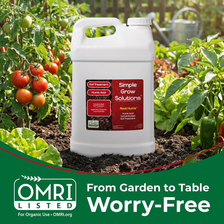 A large white plastic jug of Simple Grow Solutions Root-Humus liquid fertilizer stands in a garden bed with tomato plants, basil, and soil. A green banner at the bottom reads &