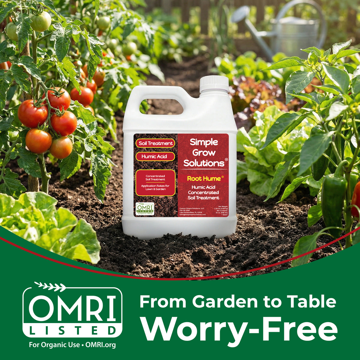 A white plastic bottle of Simple Grow Solutions Root Humus organic acid concentrated soil treatment stands on dark garden soil surrounded by tomato plants with red tomatoes and green leaves. A green banner at the bottom reads &