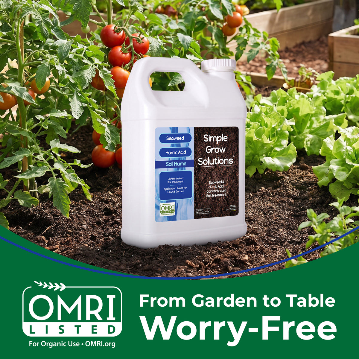 Soil hume depicting inside of a vegetable garden with text indicating that the product is OMRI listed for organic use.
