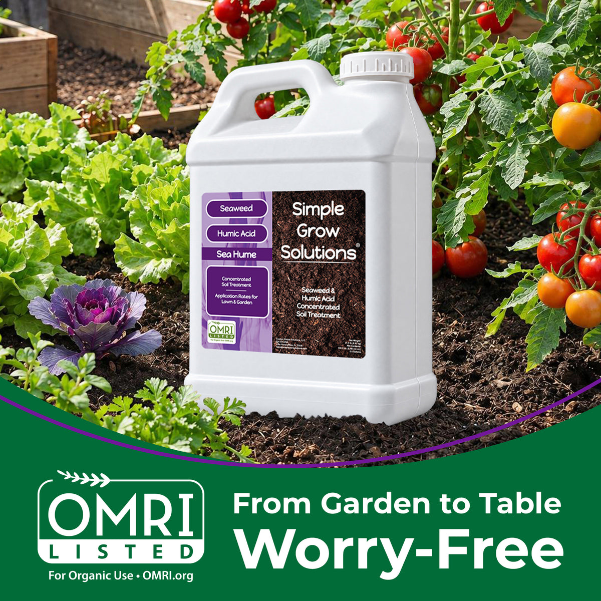 A large white plastic jug of Simple Grow Solutions Sea Rumor Humic Acid Compostable Fertilizer is shown in a garden setting among tomato plants and leafy greens, with an OMRI Listed badge and green banner at the bottom.