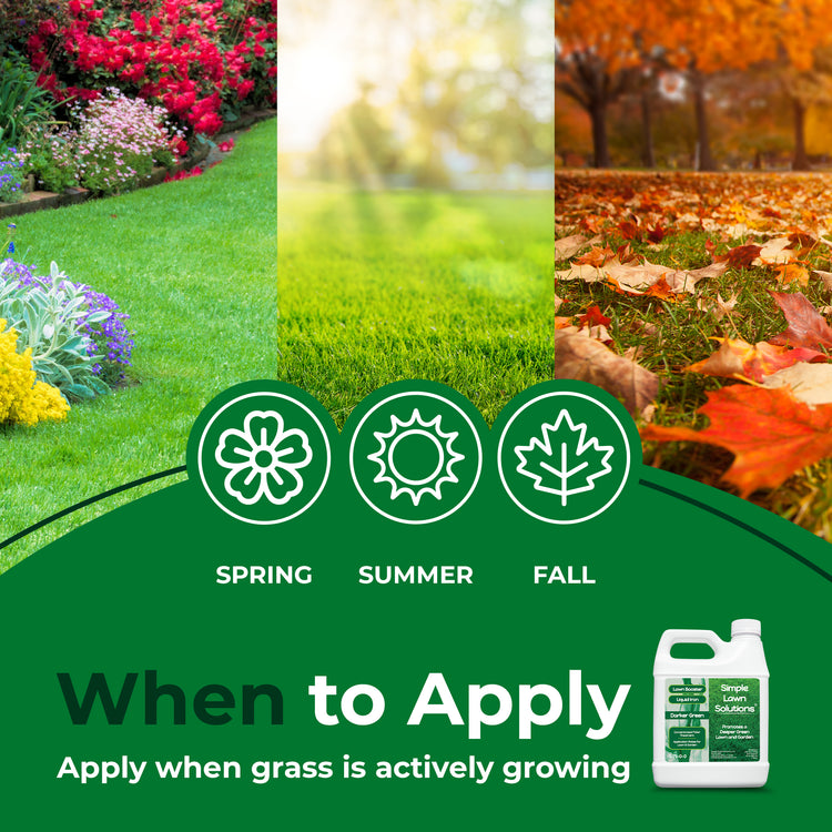 A promotional graphic for a lawn care product showing three vertical garden scenes labeled Spring, Summer, and Fall, with a green banner reading &