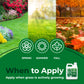 A promotional graphic for a lawn care product showing three vertical garden scenes labeled Spring, Summer, and Fall, with a green banner reading &
