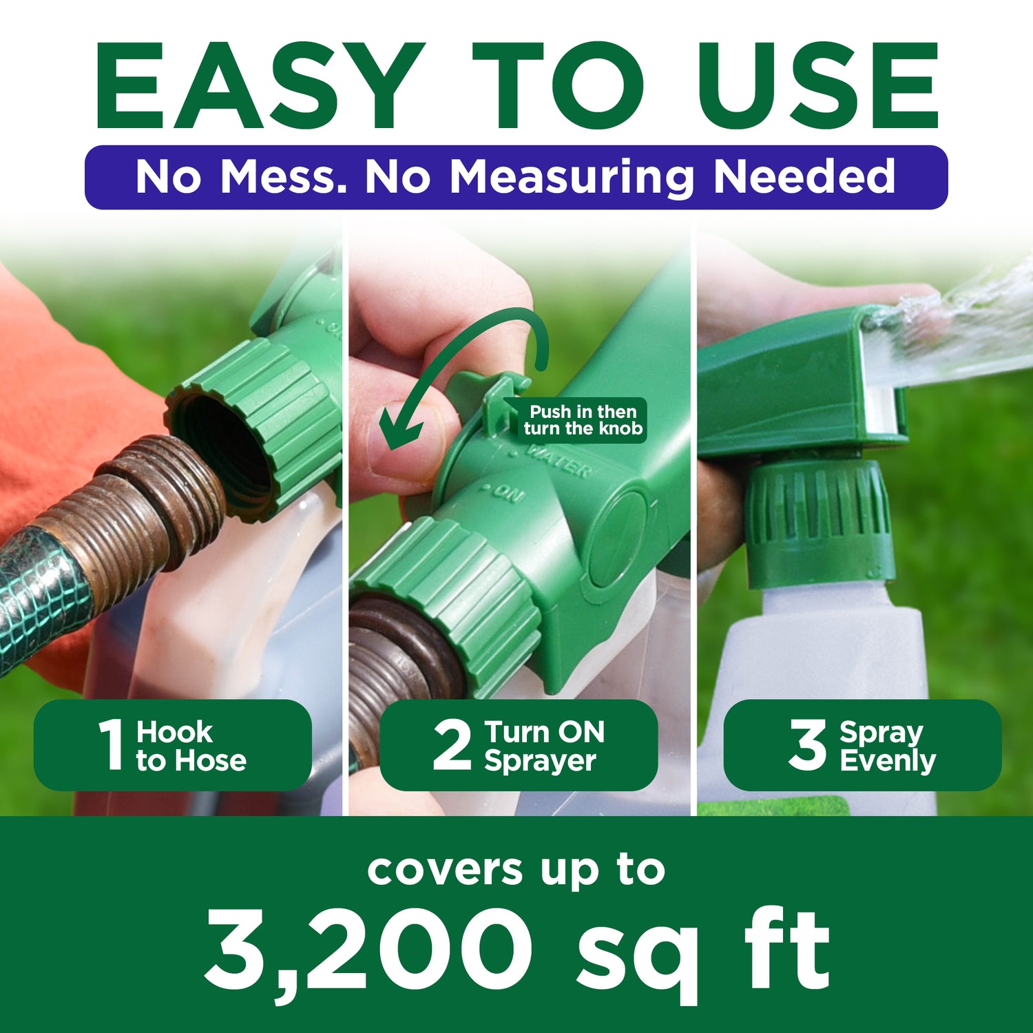 Promotional graphic for a green spray nozzle adapter, showing three panels with hands demonstrating how to hook it to a hose, turn it on, and spray evenly. Large text reads &