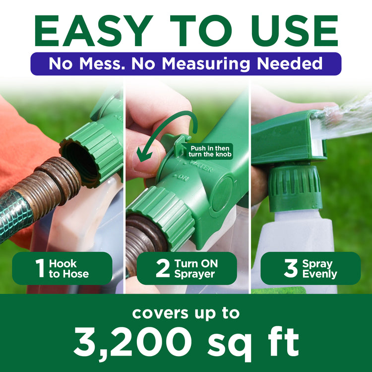 Promotional graphic for a green spray nozzle adapter, showing three panels with hands demonstrating how to hook it to a hose, turn it on, and spray evenly. Large text reads &