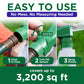 Promotional graphic for a green spray nozzle adapter, showing three panels with hands demonstrating how to hook it to a hose, turn it on, and spray evenly. Large text reads &