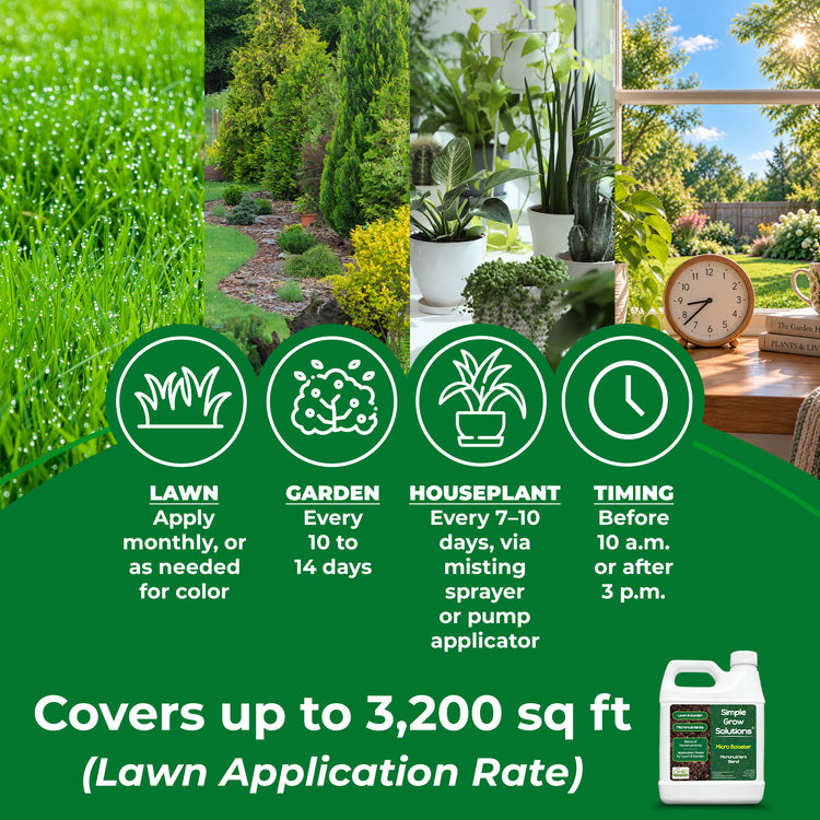 Micro Booster Application rates for lawn, garden and houseplants covers 3,200 square feet.
