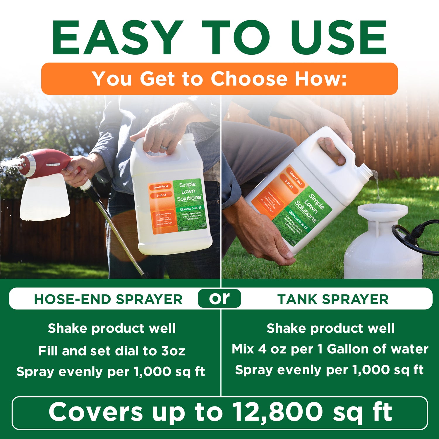 Promotional graphic for a Simple Lawn Care tank sprayer, showing two side-by-side panels of people using the product in a backyard. The left panel shows a hose-end sprayer, and the right panel shows a tank sprayer being filled.
