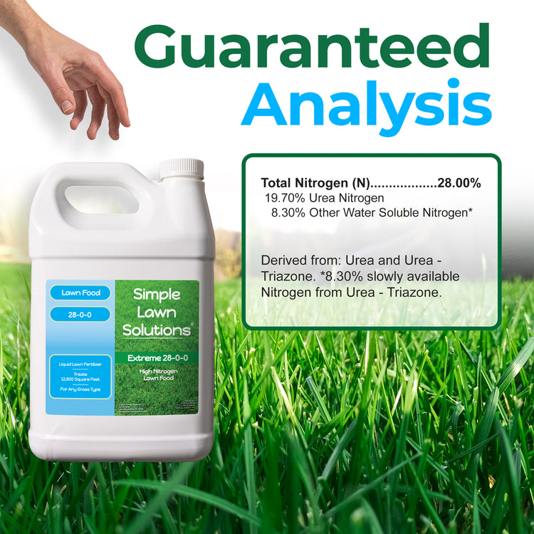 A white plastic jug of Simple Lawn Solutions Lawn Fodder 28-0-0 fertilizer shown on a grassy background with a hand entering from the top left. Large text reads &