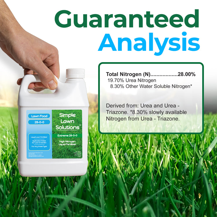 A hand holds a white plastic bottle of Simple Lawn Solutions 28-0-0 lawn food over a green grass background. Large text at the top reads &