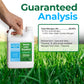 A hand holds a white plastic bottle of Simple Lawn Solutions 28-0-0 lawn food over a green grass background. Large text at the top reads &
