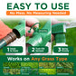 An instructional graphic showing how to use a green spray nozzle on a garden hose, with three panels labeled 1 Hook to Hose, 2 Turn On Sprayer, and 3 Spray Evenly. The graphic includes the text &