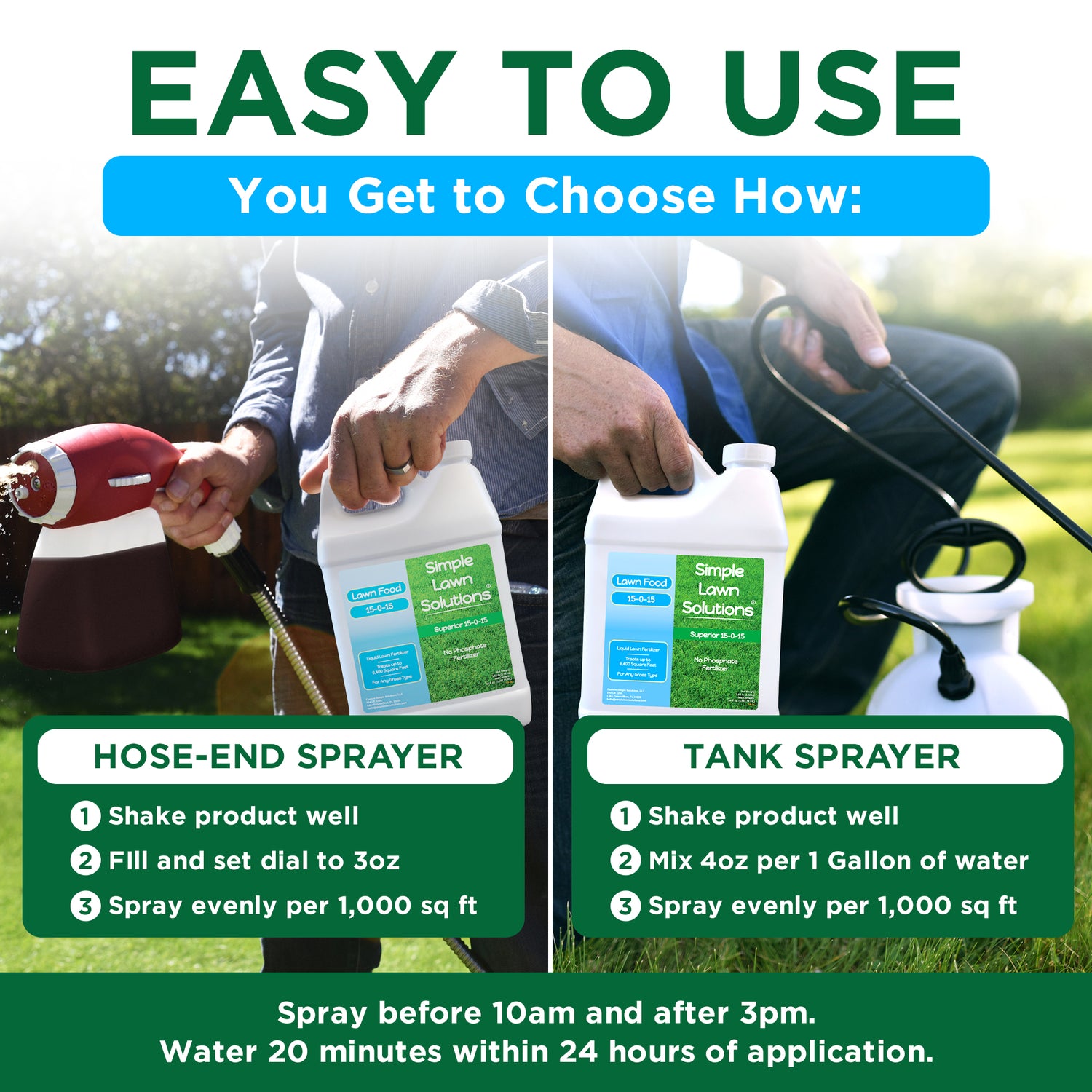 An instructional comparison graphic showing two ways to use Simple Lawn Solutions herbicide: a hose-end sprayer on the left and a tank sprayer on the right. The image features a split-screen layout with text instructions for each method, set against a green grassy background with a blue header reading &