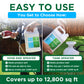 Promotional graphic for Simple Lawn Solutions showing two ways to use the product: hose-end sprayer and tank sprayer, with step-by-step instructions and text stating it covers up to 12,800 sq ft.
