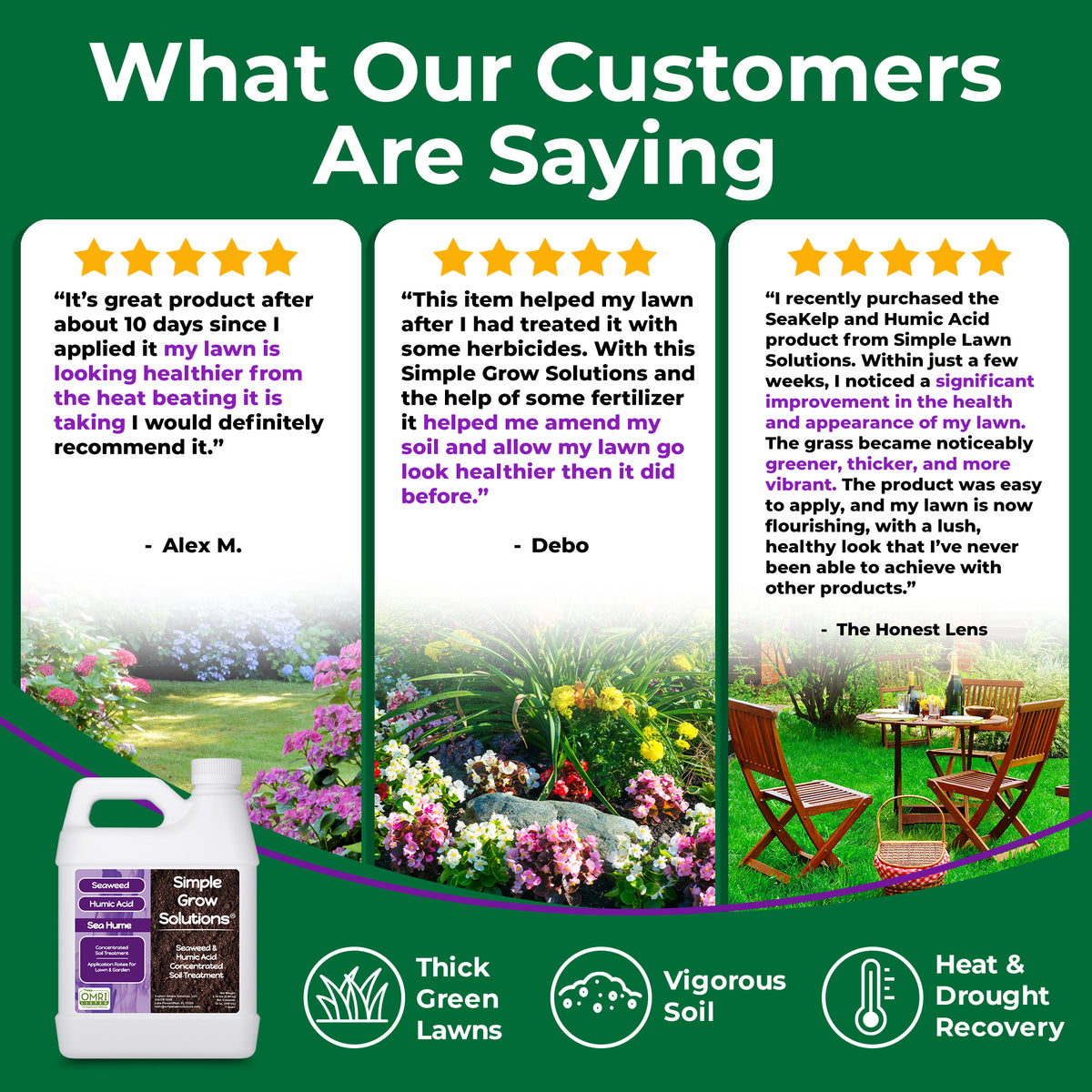 Promotional graphic for Simple Grow Lawn Care products, featuring three customer review cards with photos of green lawns, flowers, and lawn chairs, alongside a bottle of lawn care solution on a dark green background with the headline &