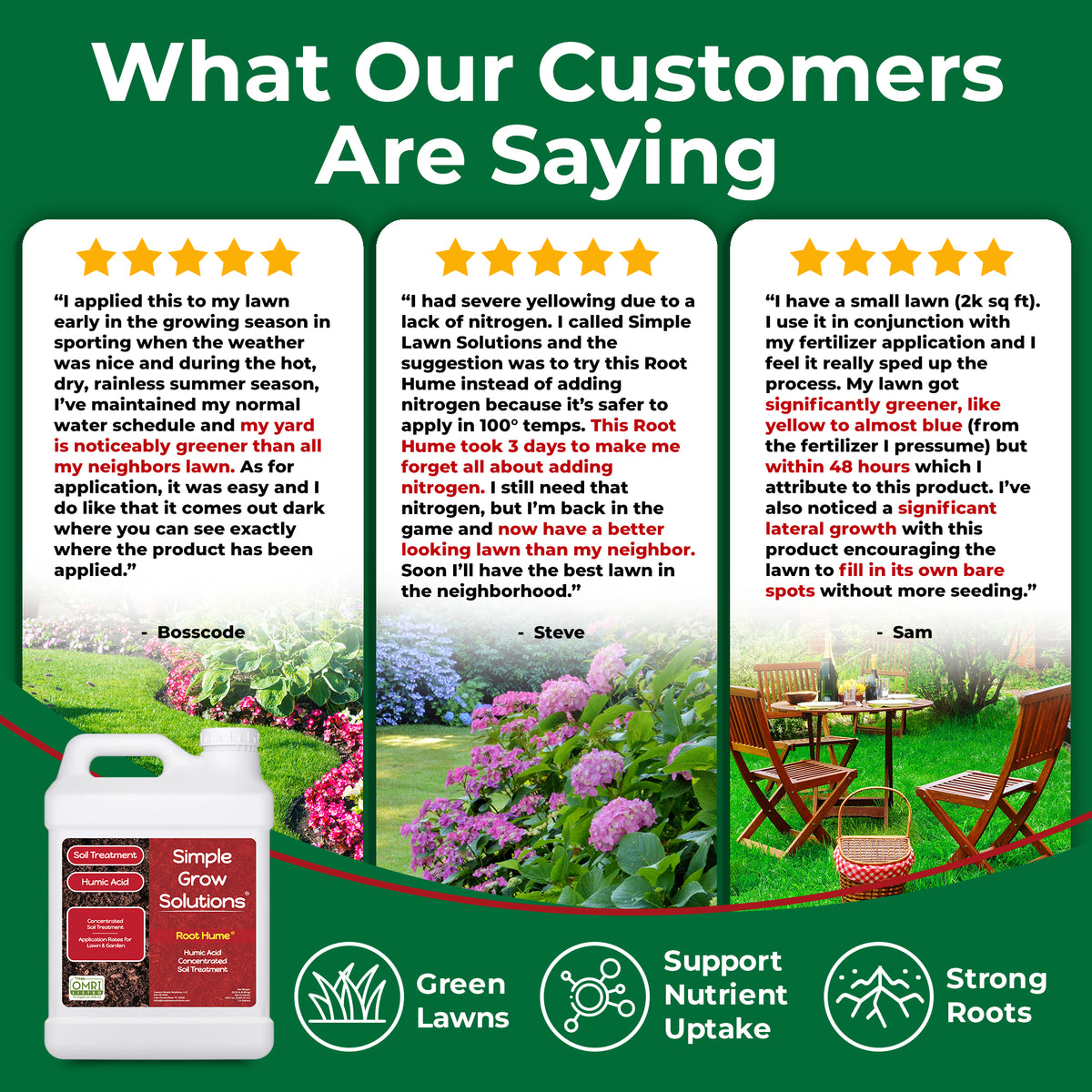 A promotional graphic with three large white text panels showing customer testimonials, plus three smaller before-and-after lawn photos and a green product box at the bottom. The headline reads &